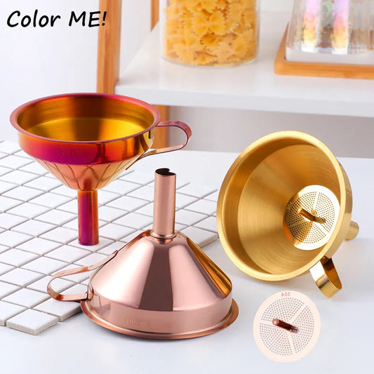 304 Stainless Steel Kitchen Oil Liquid Funnel With Detachable Filter Strainer For Filling Bottles Canning Gold Metal Funnel